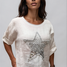 063- Bella Amore White Linen Sequin Star Top