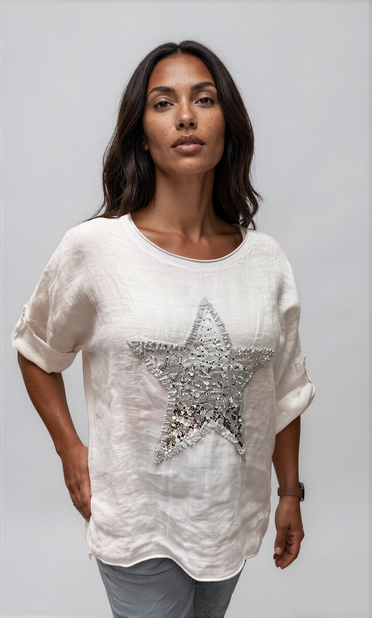 063- Bella Amore White Linen Sequin Star Top