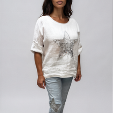063- Bella Amore White Linen Sequin Star Top