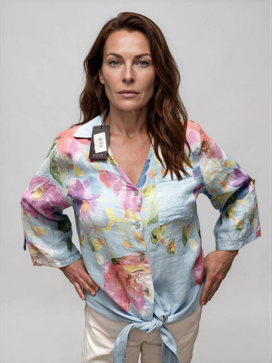 063- Bella Amore Blue Floral Tie Front Top