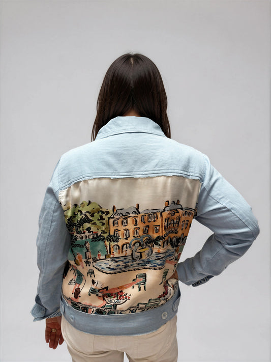 041- Tango Mango Blue Linen Jacket with Print Panel Back