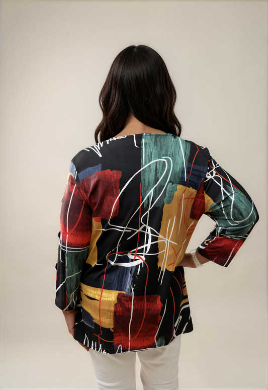 000- Atu Multi Scribble Button Sleeve Top
