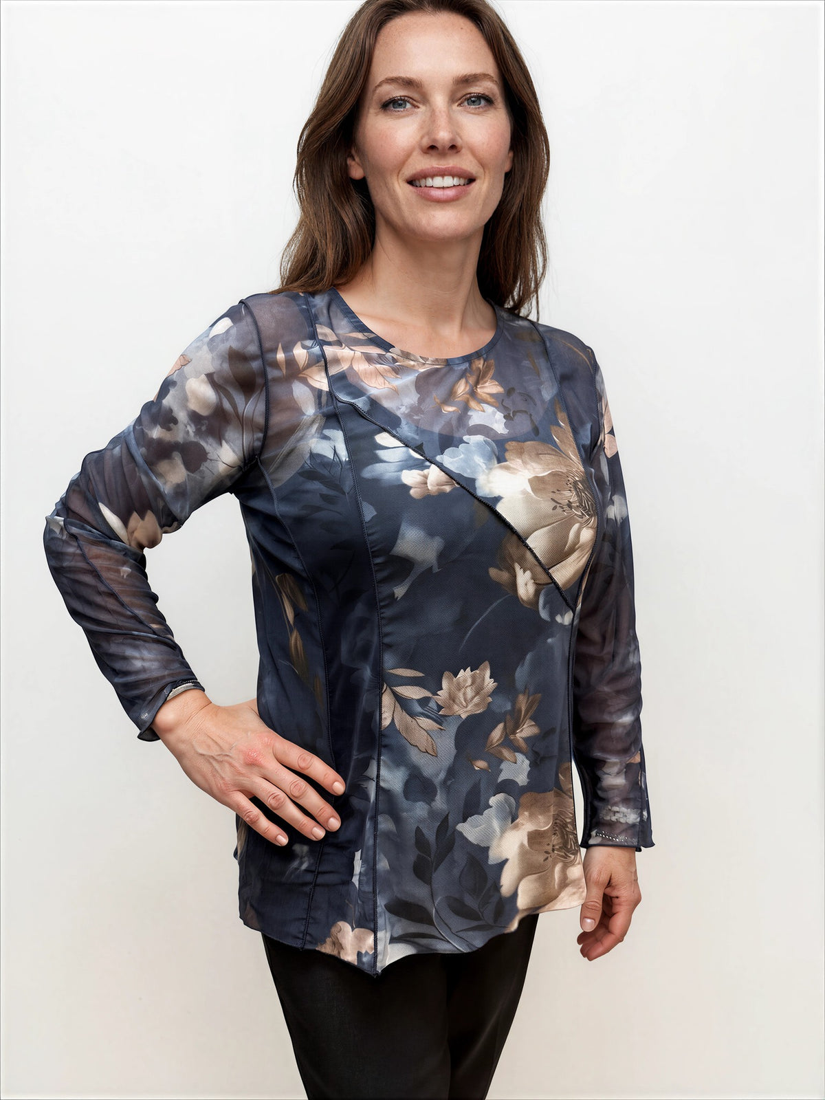 041- Tango Mango Navy Floral Mesh Top