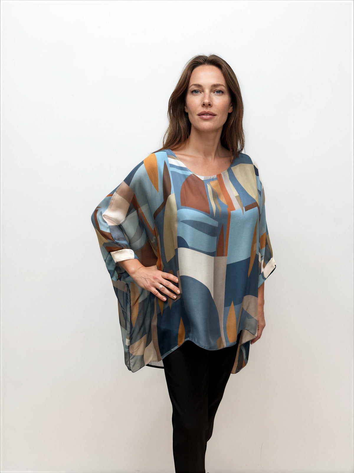075- Look Mode Shades of Blue and Brown Abstract Silk Top