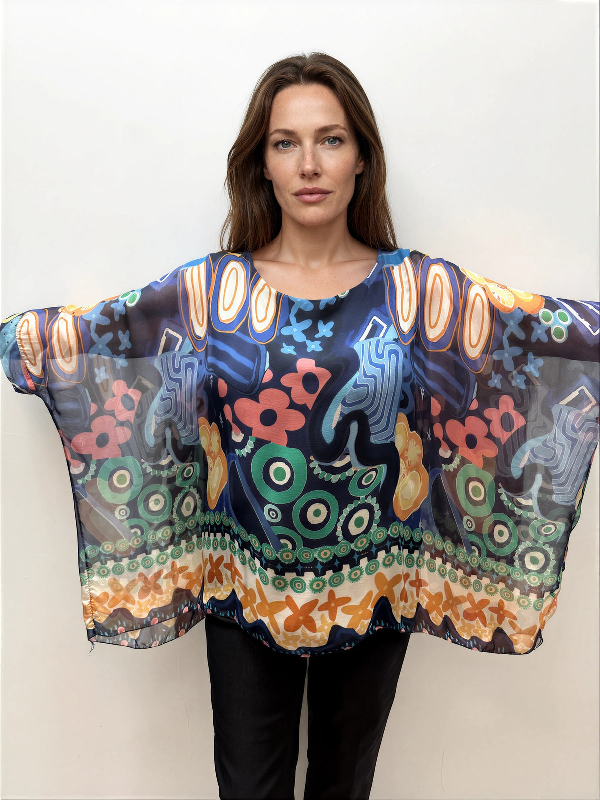 075- Look Mode Navy Blue Multi Abstract Silk Top