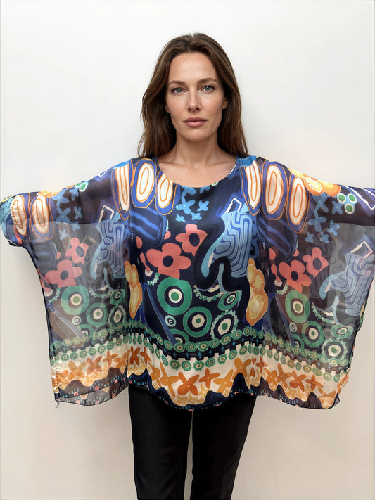 075- Look Mode Navy Blue Multi Abstract Silk Top