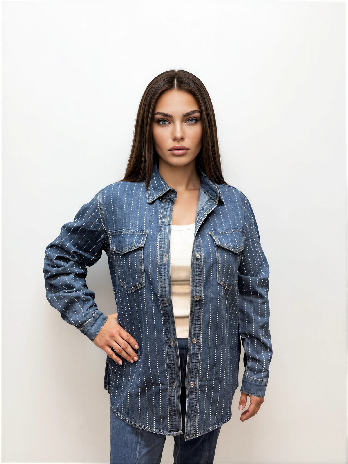 000- ATU  Crystal Long Dark Denim Jacket