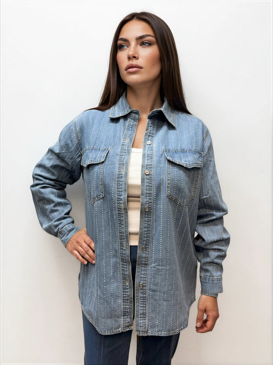 000- ATU  Crystal Long Light Denim Jacket