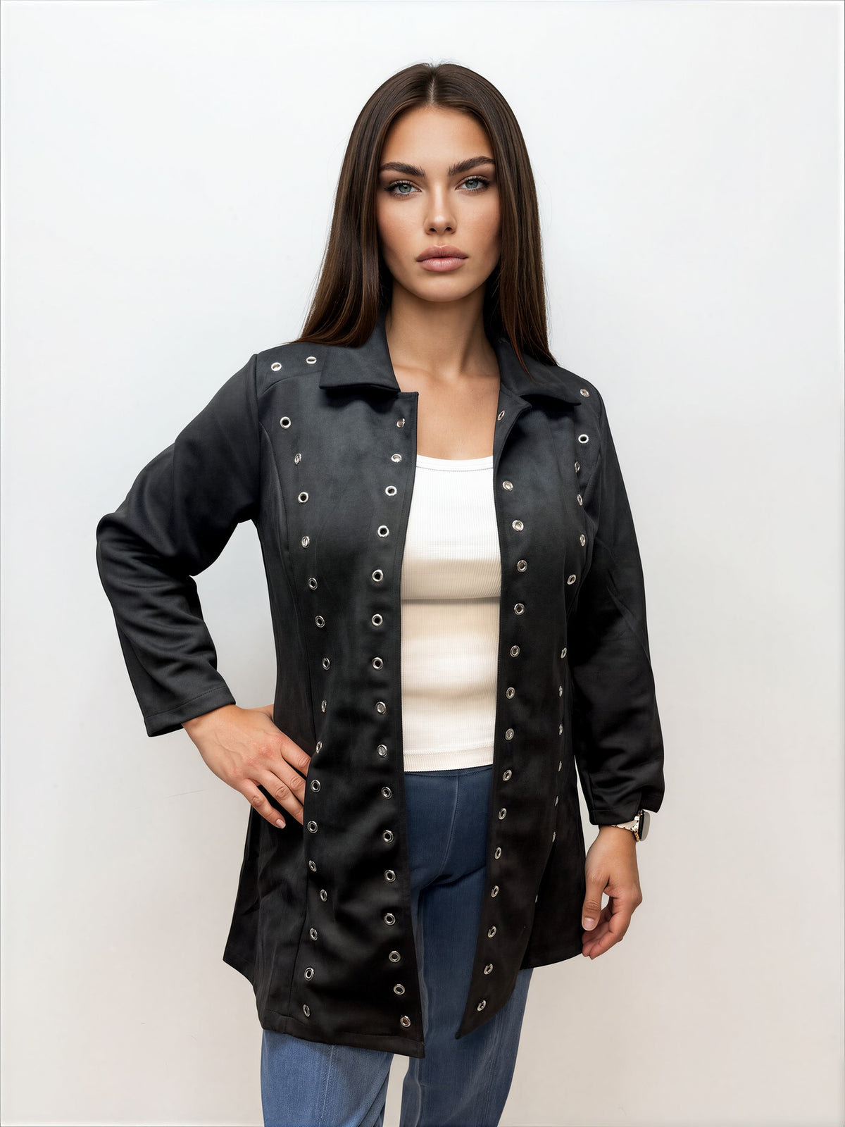 037- Vecceli Black Suede Coat with Grommetts