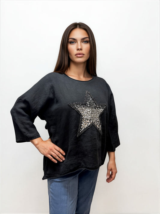 063- Bella Amore Black Linen Sequin Star Top