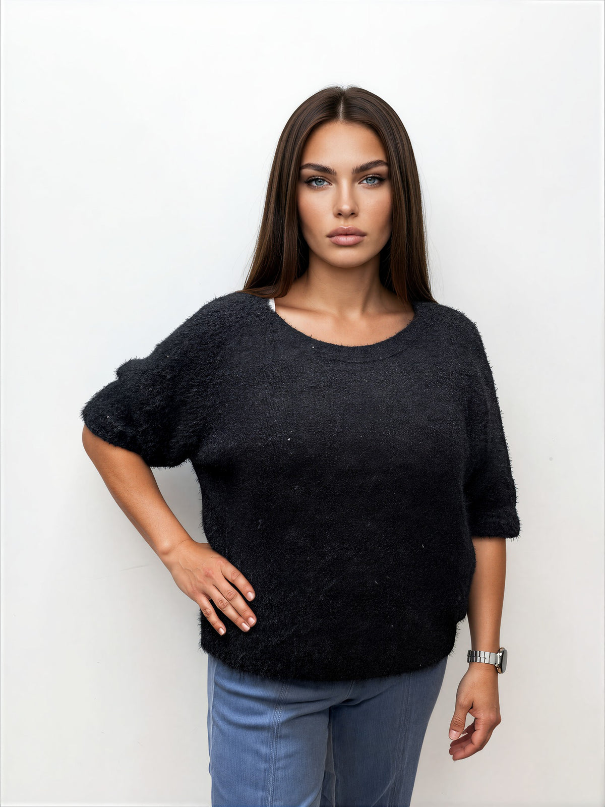 075- Look Mode Fluffy Dolman Sleeve Sweater - Black