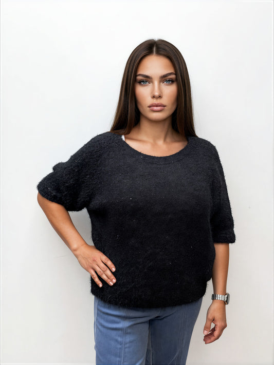 075- Look Mode Fluffy Dolman Sleeve Sweater - Black