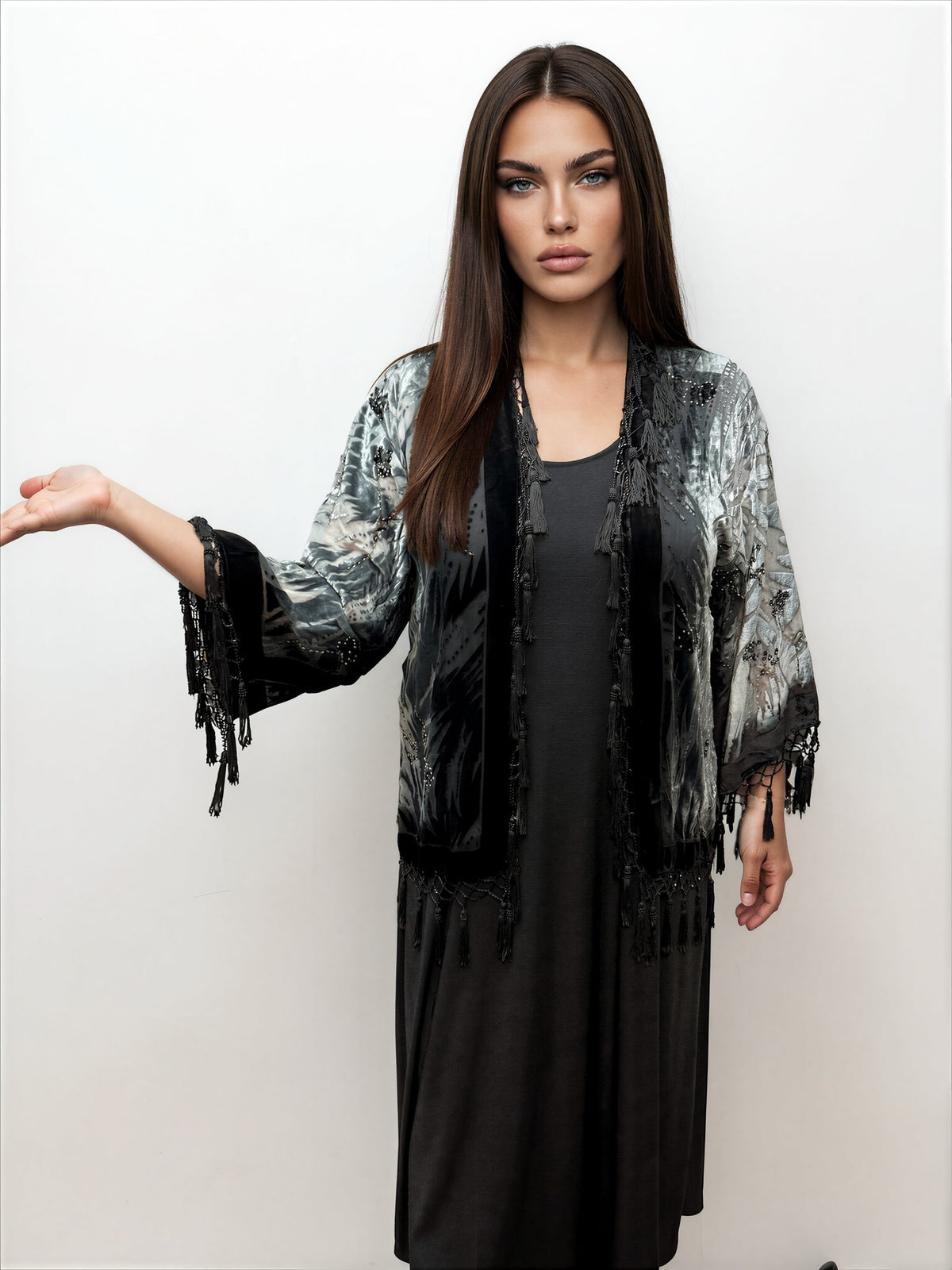 005- Aris. A Black and Grey Velvet Beaded Kimono