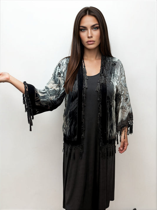 005- Aris. A Black and Grey Velvet Beaded Kimono
