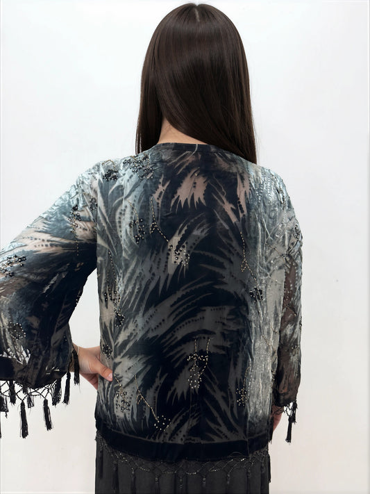 005- Aris. A Black and Grey Velvet Beaded Kimono
