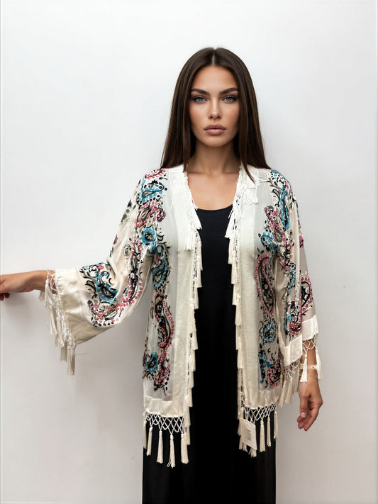 005- Aria A Ivory Paisley Fringe Kimono