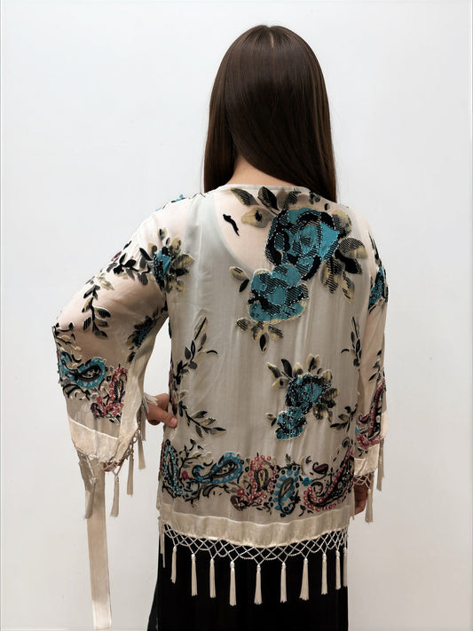 005- Aria A Ivory Paisley Fringe Kimono
