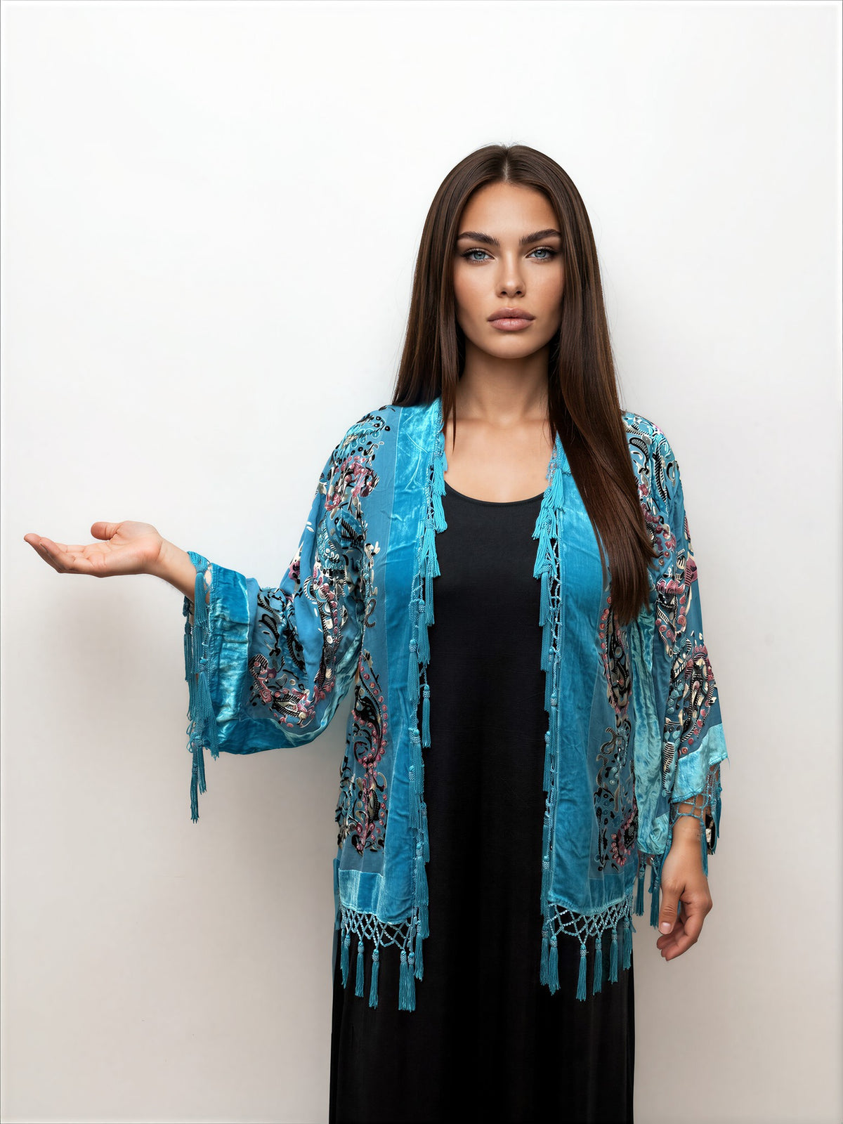 005- Arisa A Turquoise Velvet Beaded Kimono