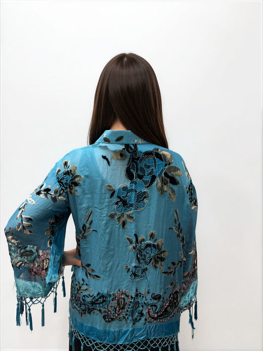 005- Arisa A Turquoise Velvet Beaded Kimono