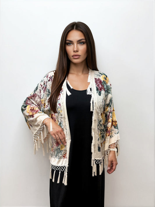 005- Aris A Ivory Floral Beaded Kimono