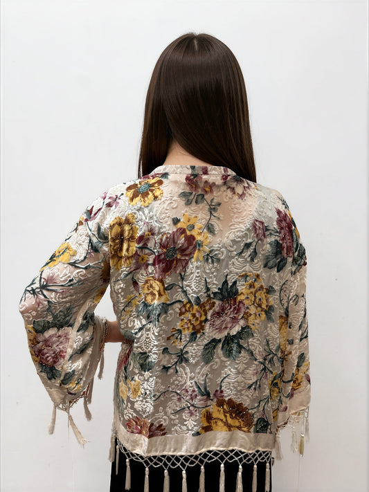 005- Aris A Ivory Floral Beaded Kimono