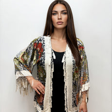 005- Aris A Ivory Red Floral Velvet Beaded Kimono