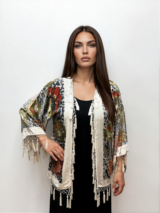 005- Aris A Ivory Red Floral Velvet Beaded Kimono