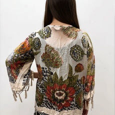 005- Aris A Ivory Red Floral Velvet Beaded Kimono