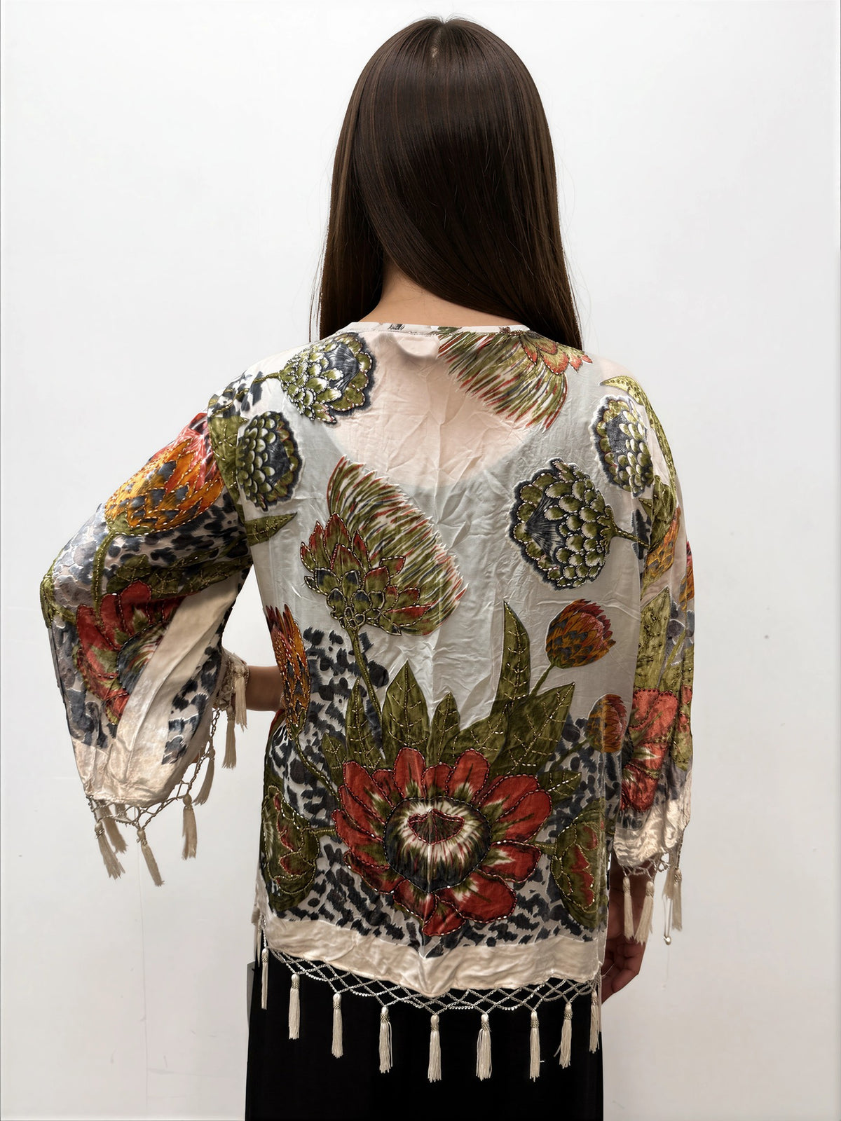 005- Aris A Ivory Red Floral Velvet Beaded Kimono