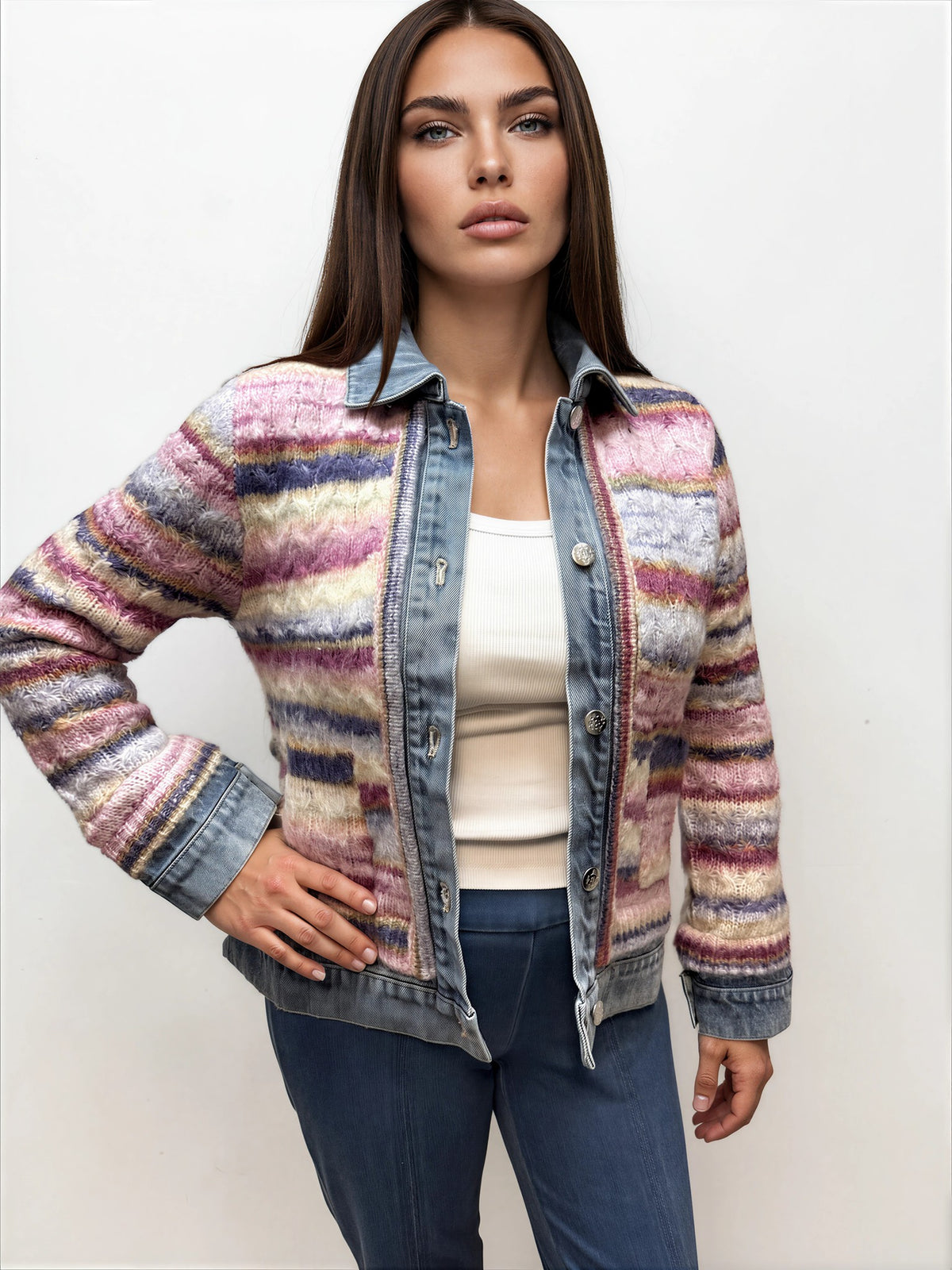 028- Nanette Lepore Denim Trimmed Pink Knit Jacket