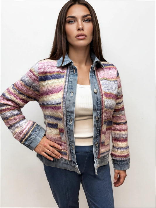 028- Nanette Lepore Denim Trimmed Pink Knit Jacket