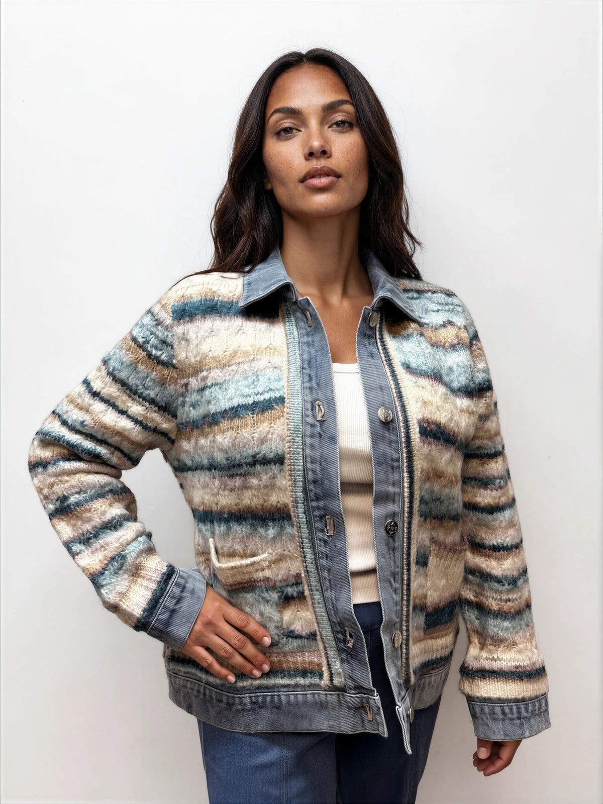 028- Nanette Lepore Denim and Blue Knit Sweater Jacket
