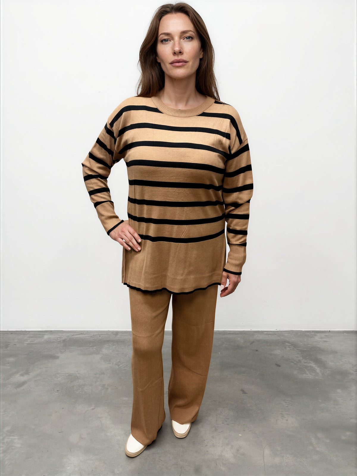 023- AZ Co.- Caramel Striped Sweater Set