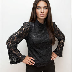 009- Nicole Miller Black Sparkle Bell Sleeve Top