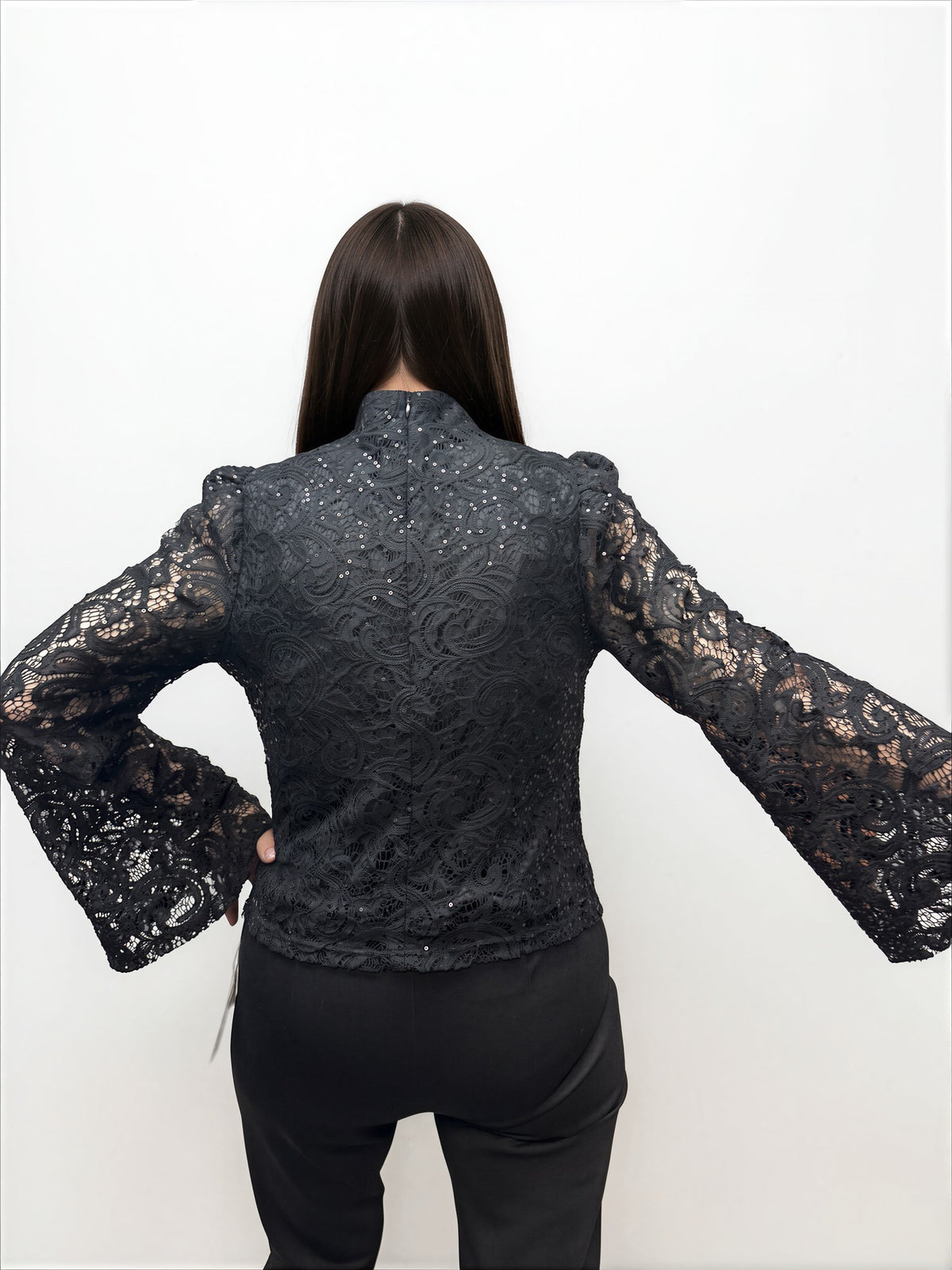009- Nicole Miller Black Sparkle Bell Sleeve Top