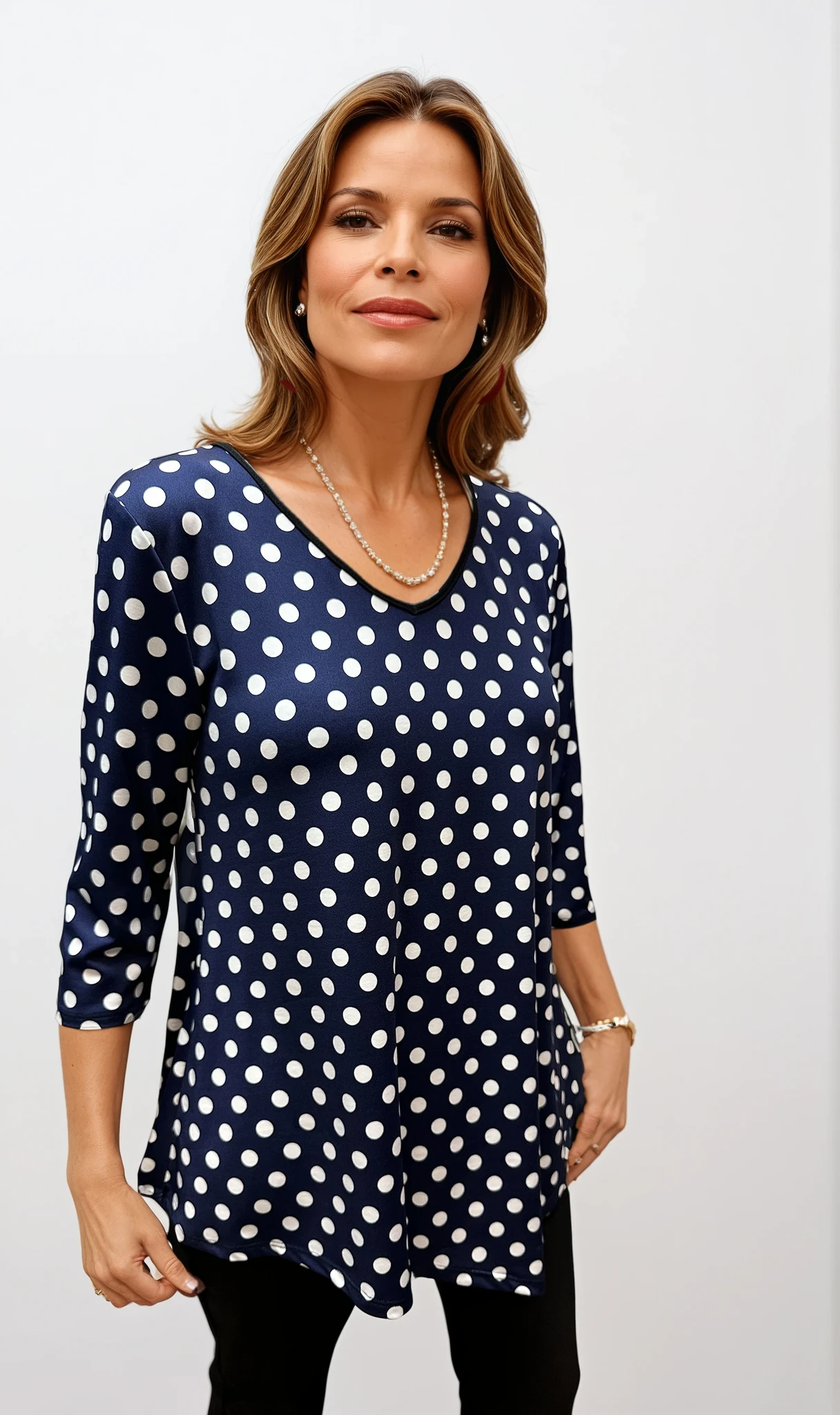 070- Pretty Woman Navy with White Polka Dot Asymmetrical Top