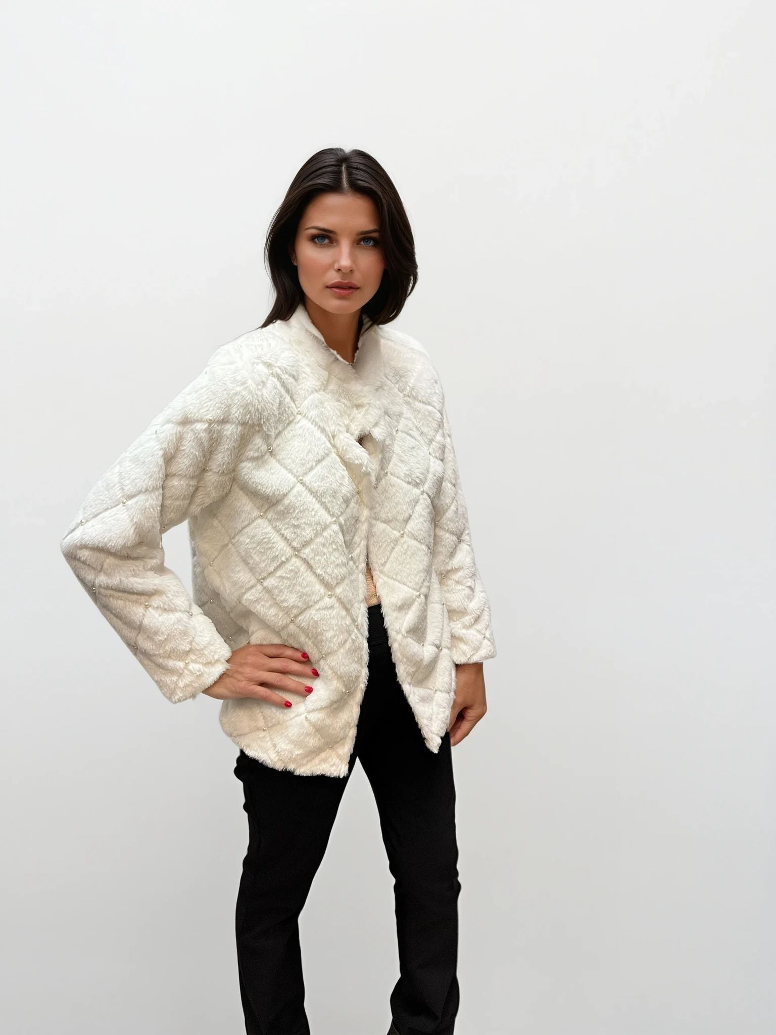 018- Sabrina Lauren White Faux Fur Pearl Jacket