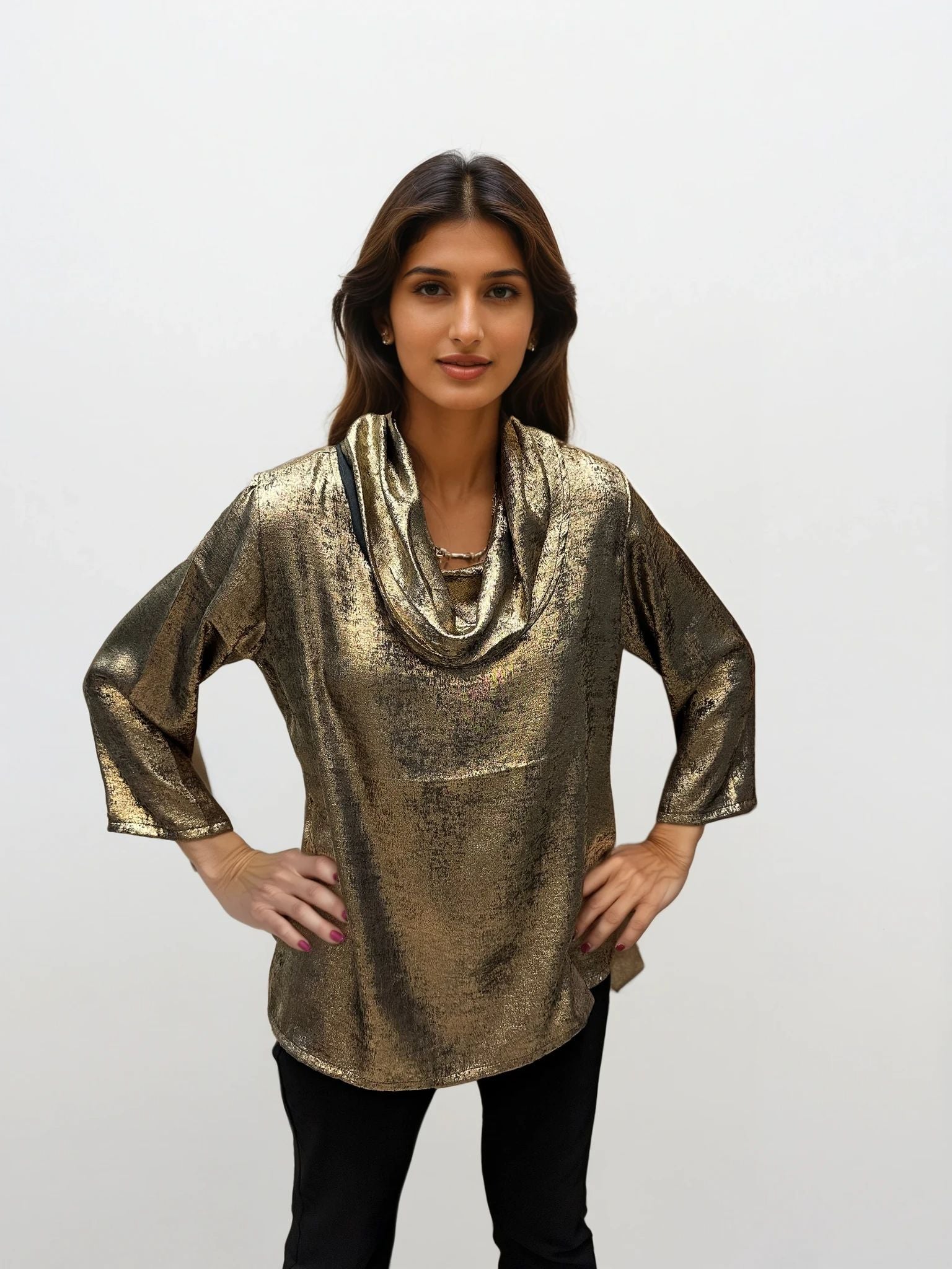 027- Weavz Gold Lame Cowl Neck Top
