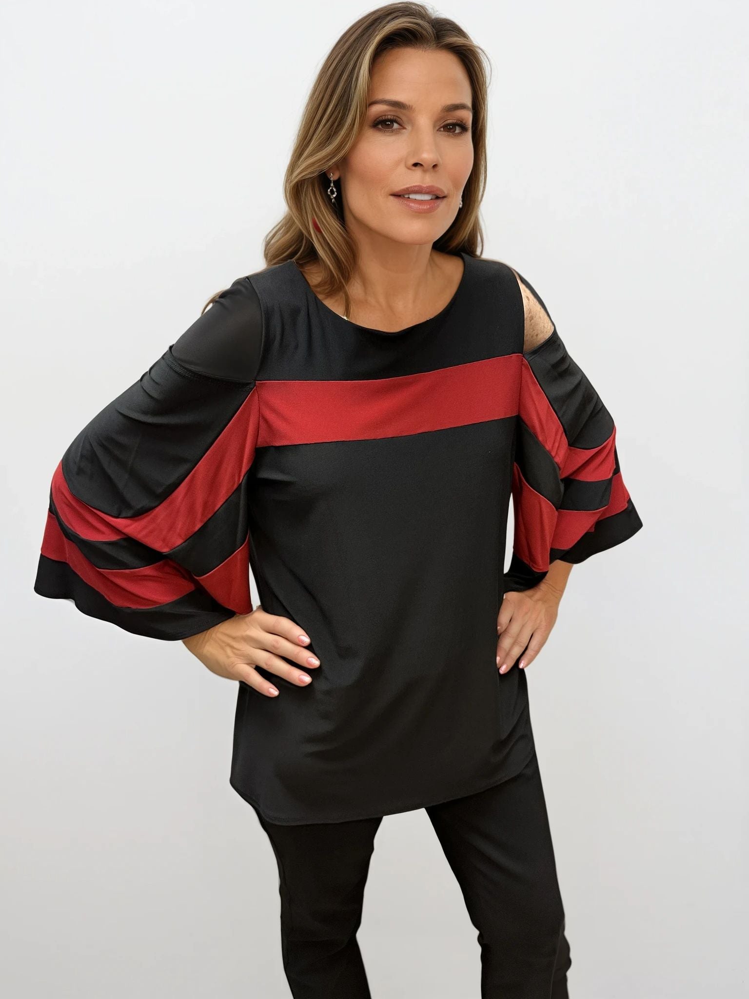 070- Pretty Woman Black and Red Bell Sleeve Open Shoulder Top
