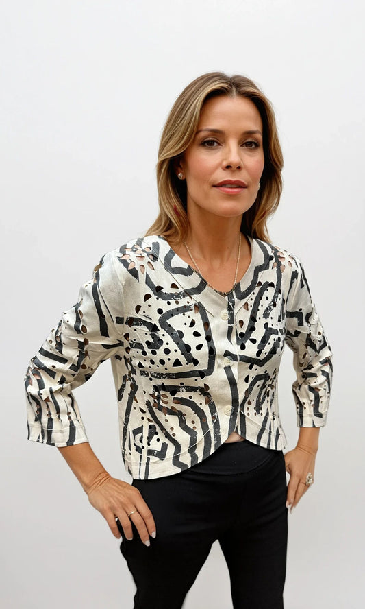 022- Origami Ivory and Black Cutwork Suede Jacket