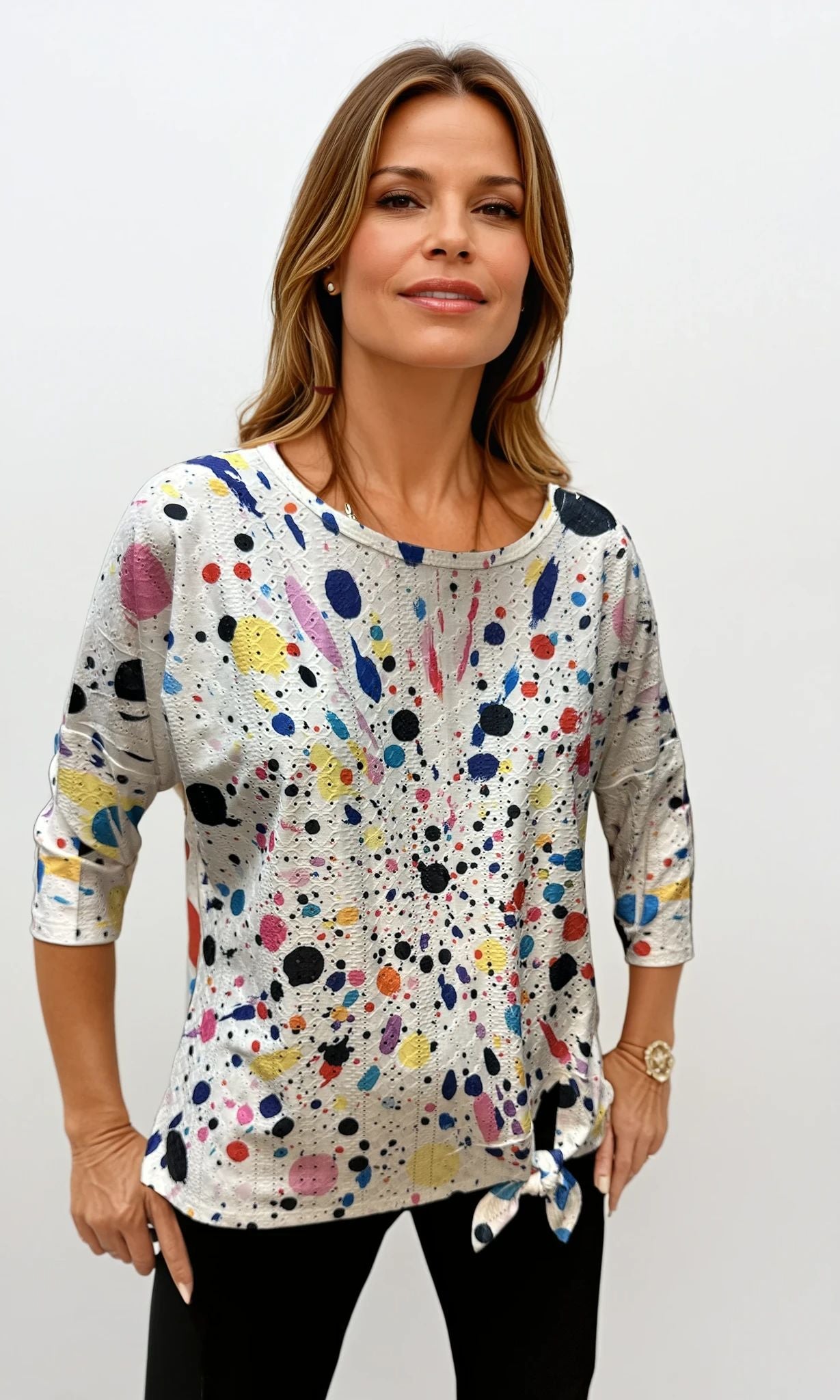 071- Impulse White 3/4 Sleeve Bright Splatter Top