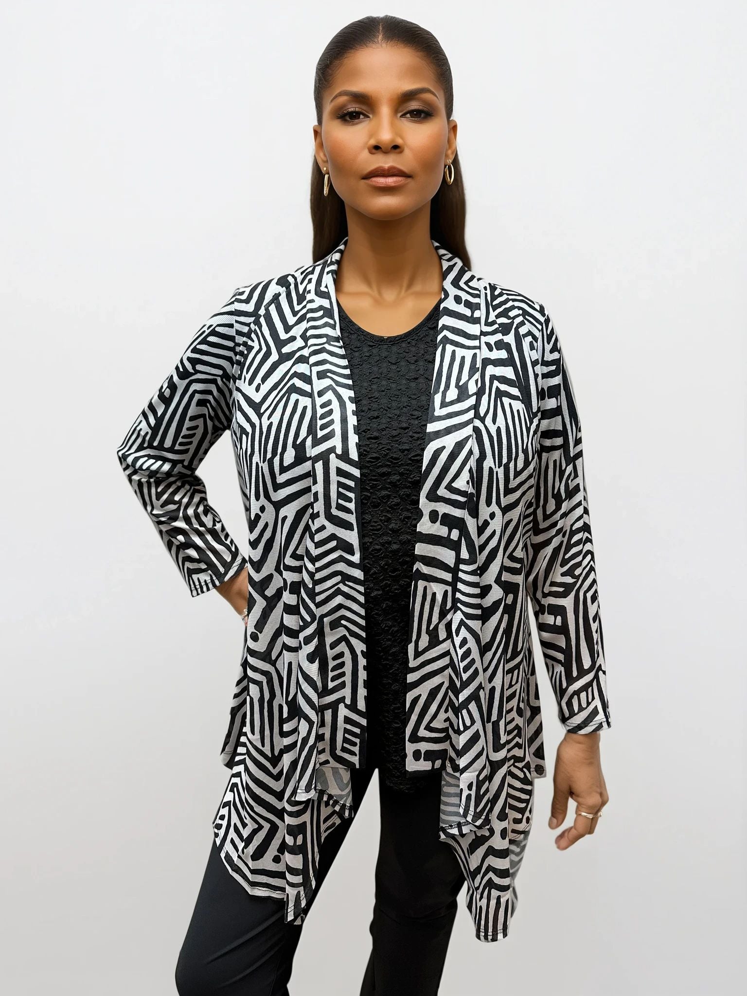 026- Focus JJ Black and Grey Draped Kimono