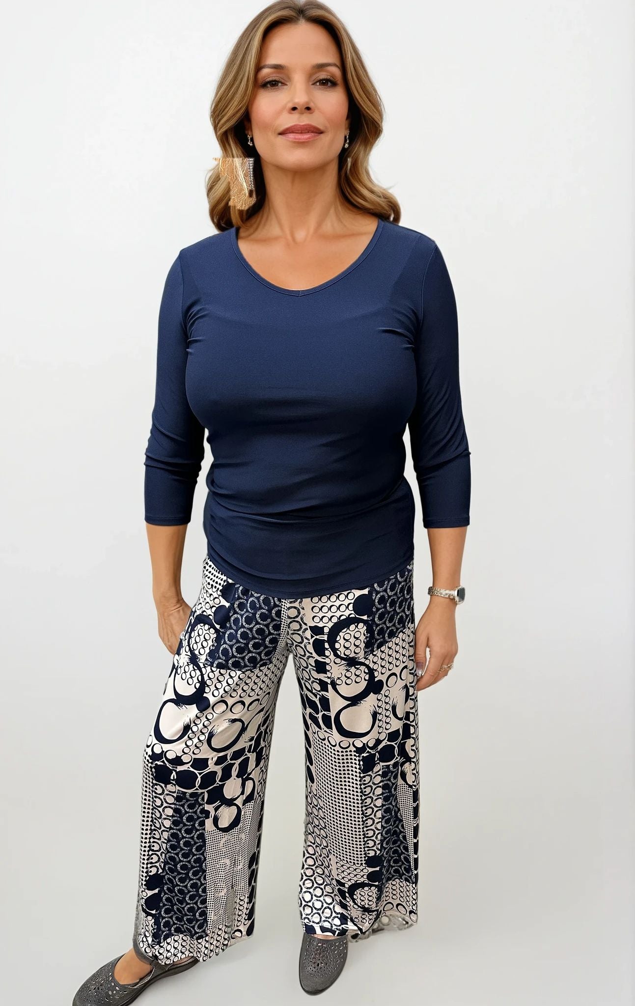 026- Focus JJ Ivory and Navy Circles Wide Leg Pants