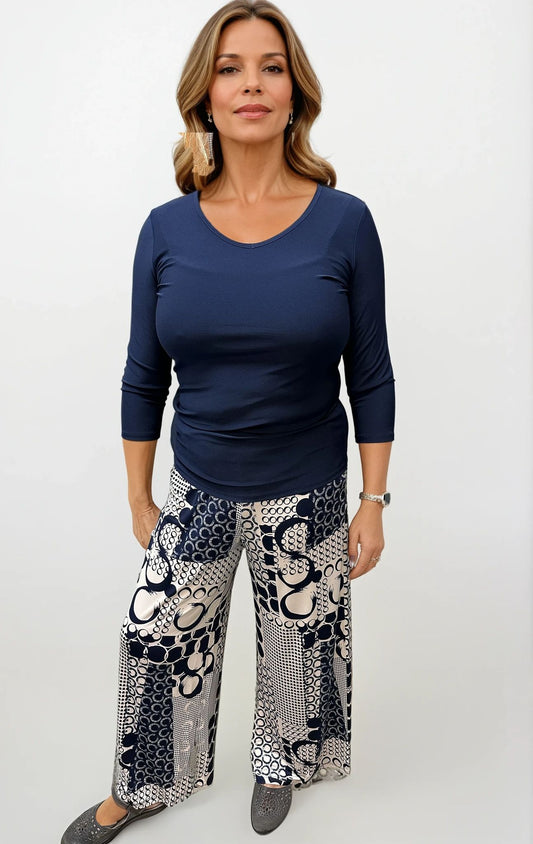 026- Focus JJ Ivory and Navy Circles Wide Leg Pants
