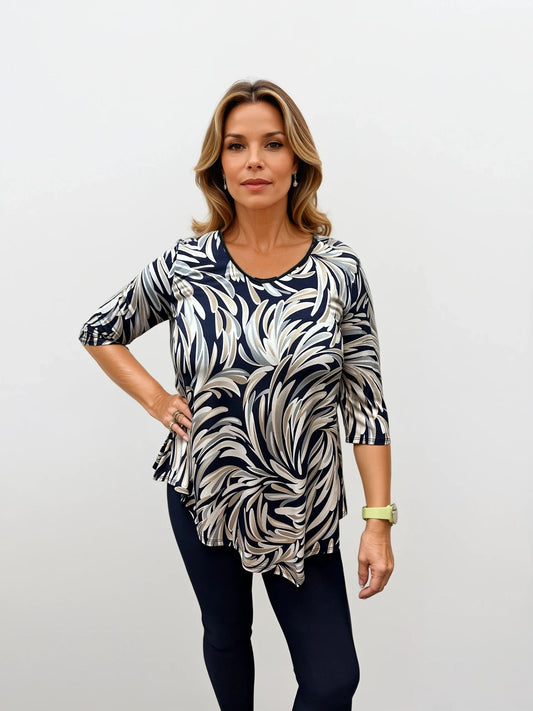 070- Pretty Woman Navy, Taupe and Grey Asymmetrical Top