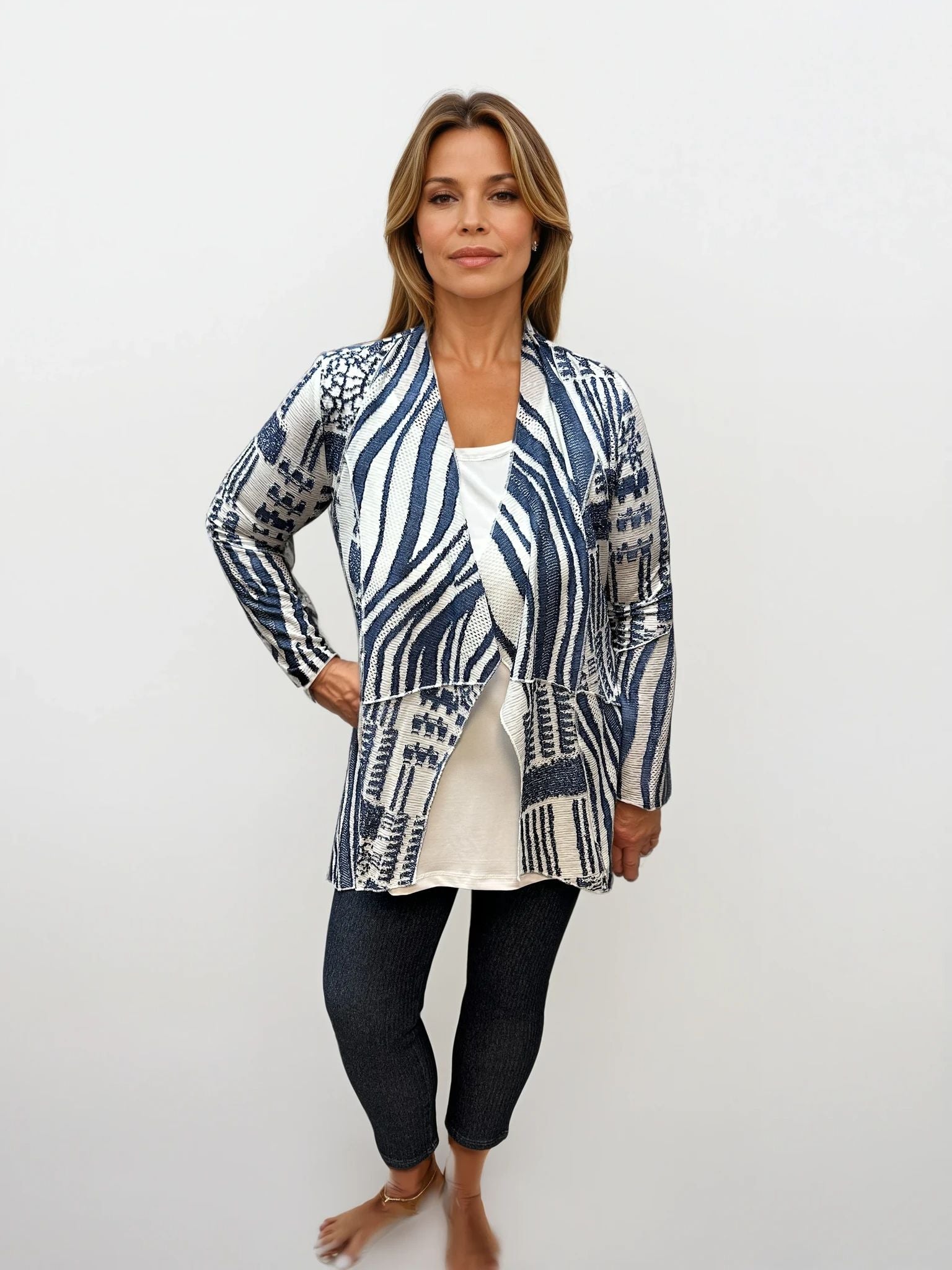 008- Kamana Blue and White Open Front Cardigan