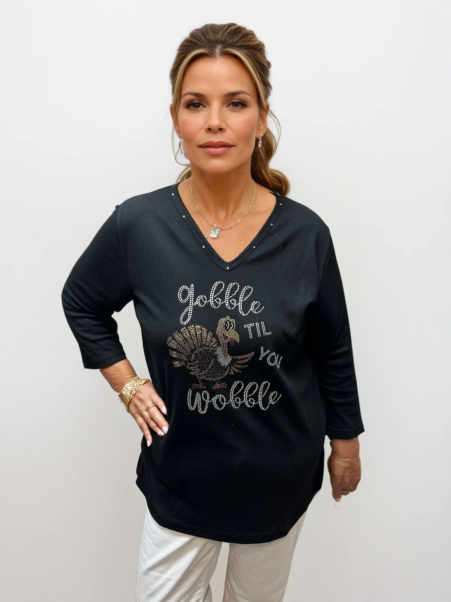 051- Marcel Fashions Gobble Til You Wobble Gem V-Neck Top