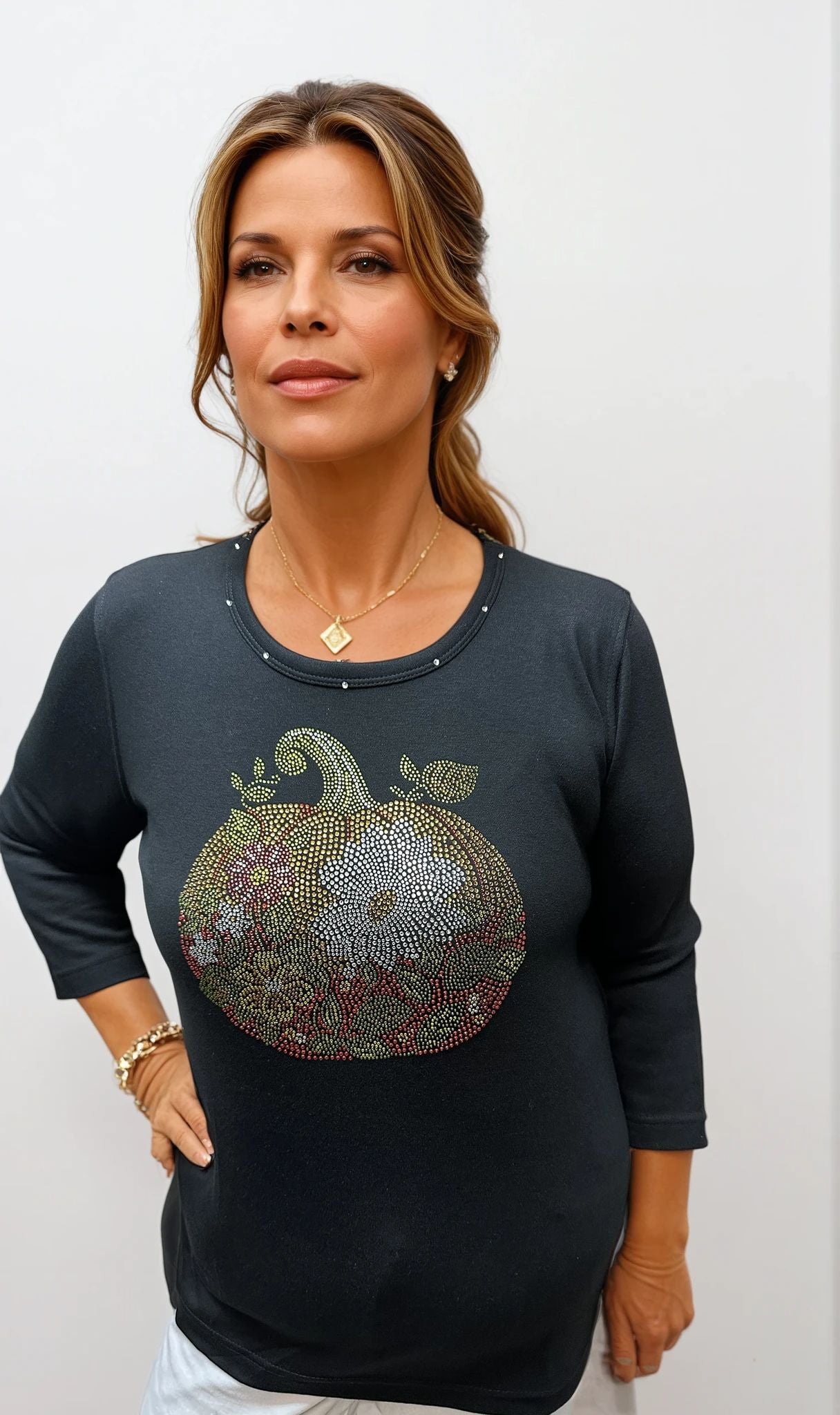 051- Marcel Fashions Pumpkin Flowers Gem Top