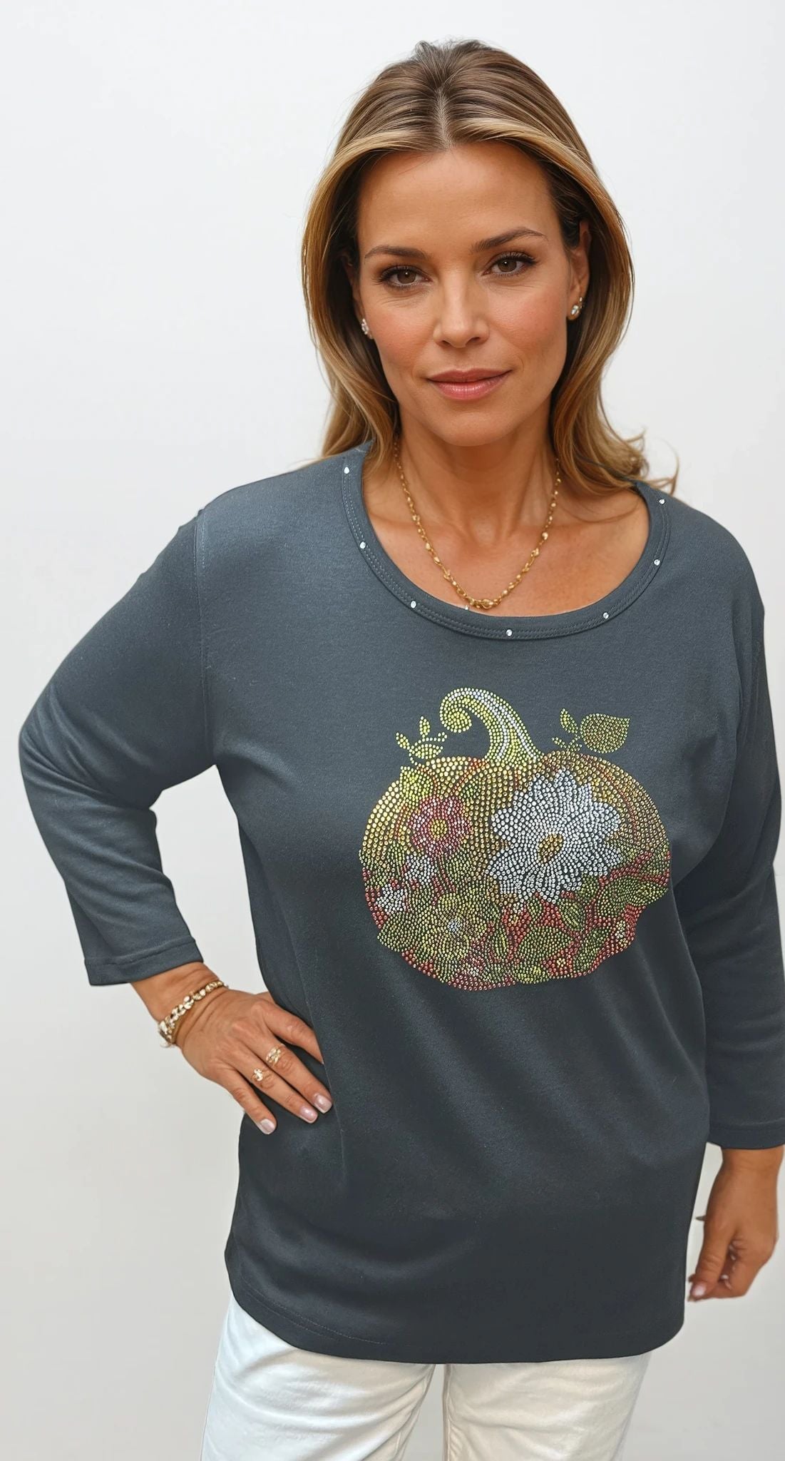051- Marcel Fashions Happy Halloween Pumpkin Gem Top