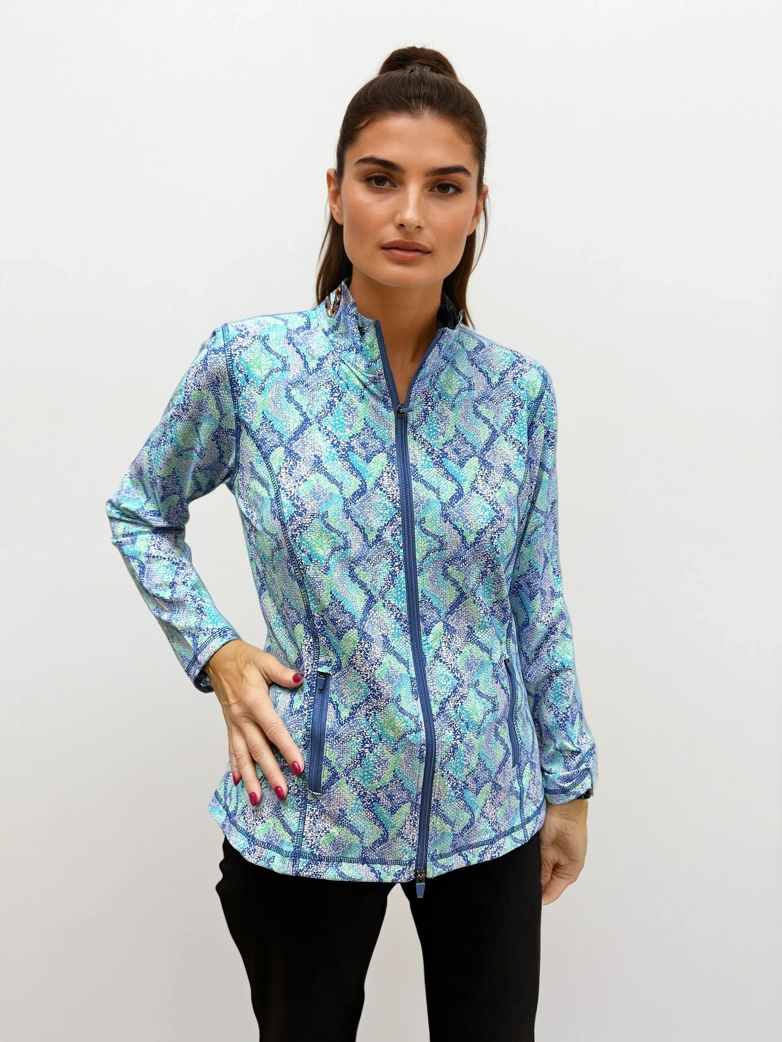 001- LuLu B Turquoise Snake Print Zip Up Jacket